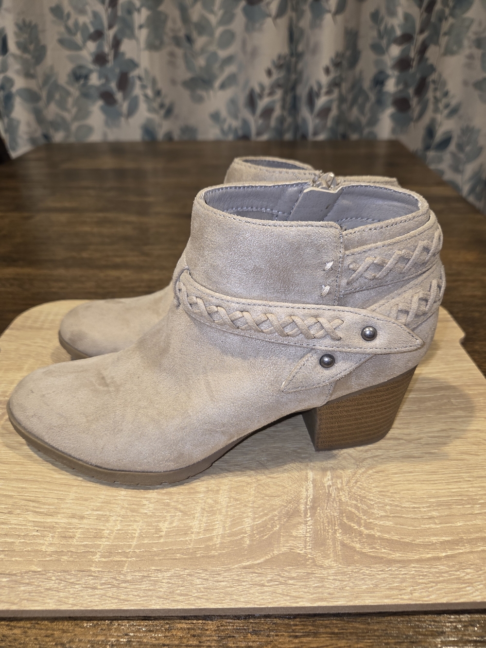 Indigo Road Taupe Braided Suede Ankle Booties with Stacked Heel - Picture 3 of 9